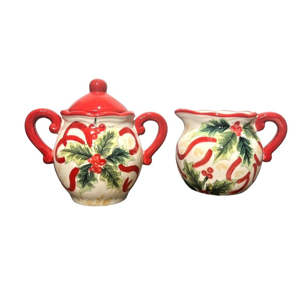 Maxcera Mistletoe Cream and Sugar Set Mistletoe Pattern Ceramic Larger Sized Set